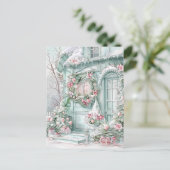 Mint and Pink Christmas House Postcard ポストカード (スタンド正面)