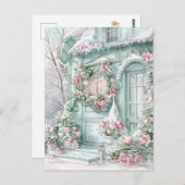 Mint and Pink Christmas House Postcard ポストカード (正面/裏面)