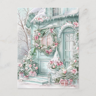 Mint and Pink Christmas House Postcard ポストカード