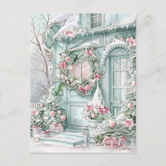 Mint and Pink Christmas House Postcard ポストカード (正面)