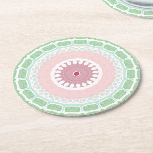 Mint and Pink Geometric Mandala Pattern ラウンドペーパーコースター (アングル)