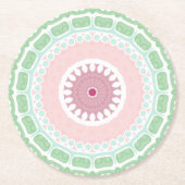 Mint and Pink Geometric Mandala Pattern ラウンドペーパーコースター (正面)
