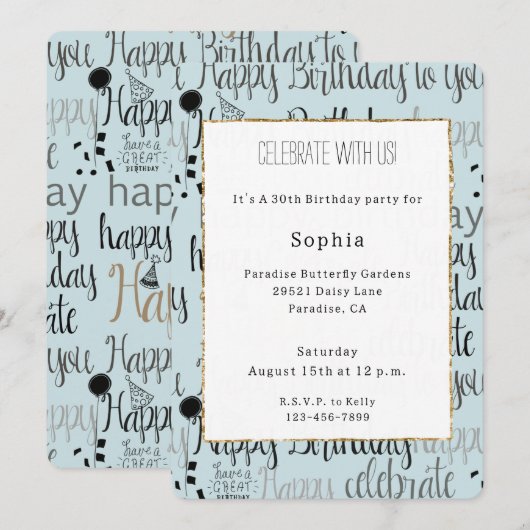 Mint Birthday Celebration Balloons Confetti  招待状 (正面/裏面)