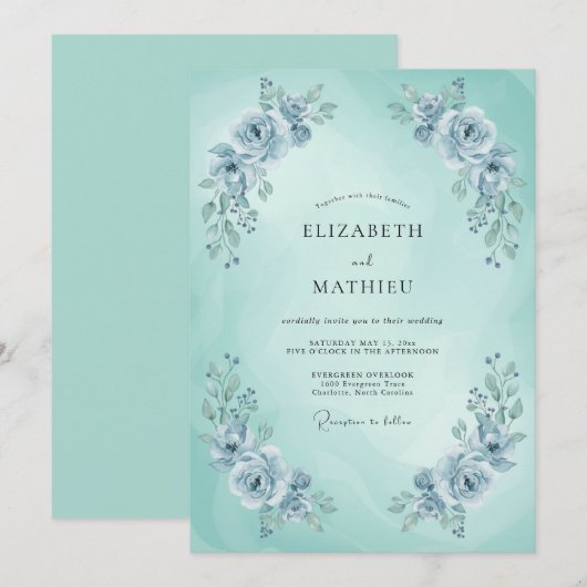 Mint Blue Ethereal Spring Wedding 招待状 (正面/裏面)
