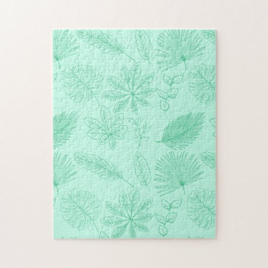 Mint Blue Leaves Pattern ジグソーパズル (縦)