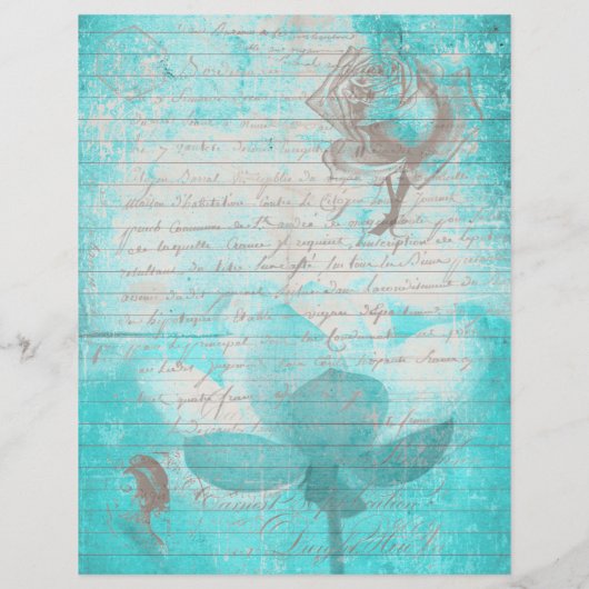 Mint blue old handwritting paper and flowers (裏面)