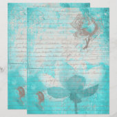 Mint blue old handwritting paper and flowers (正面/裏面)