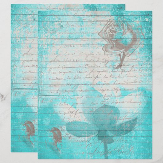 Mint blue old handwritting paper and flowers (正面/裏面)