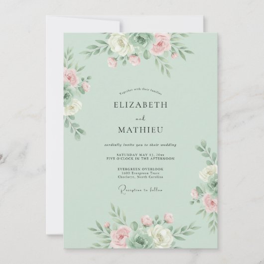 Mint Blush Botanical Flourish Wedding 招待状 (正面)