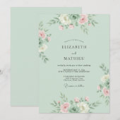 Mint Blush Botanical Flourish Wedding 招待状 (正面/裏面)
