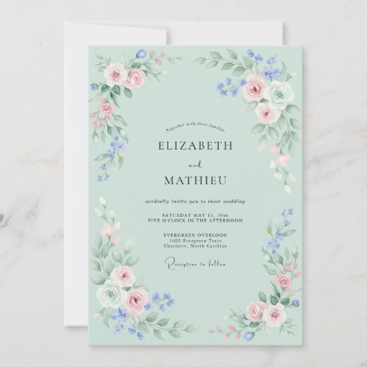 Mint Blush Floral Arrangement Wedding 招待状 (正面)