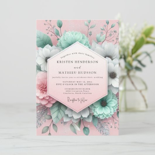Mint Blush Painterly Flora Wedding 招待状 (スタンド正面)