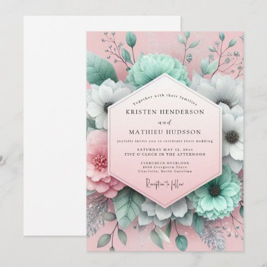 Mint Blush Painterly Flora Wedding 招待状 (正面/裏面)