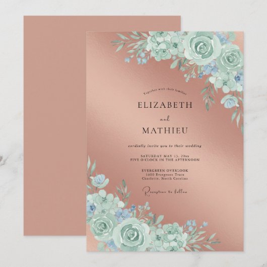 Mint Botanical Accent Wedding 招待状 (正面/裏面)