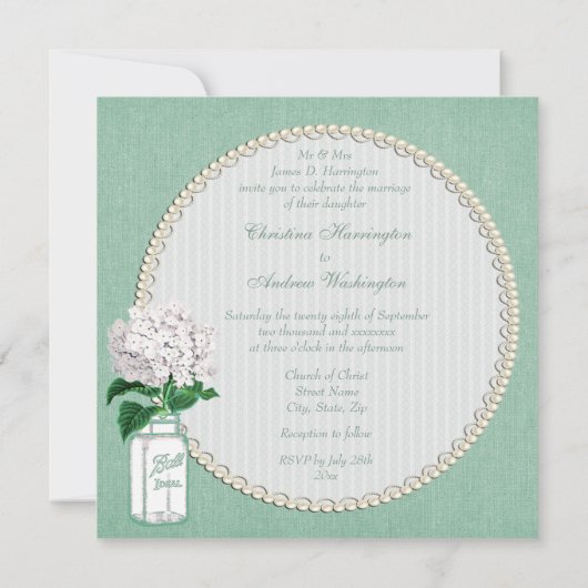Mint Burlap、Mason Jar & Hydrangea's結婚(メイソン·ジャー&ハイド 招待状 (裏面)