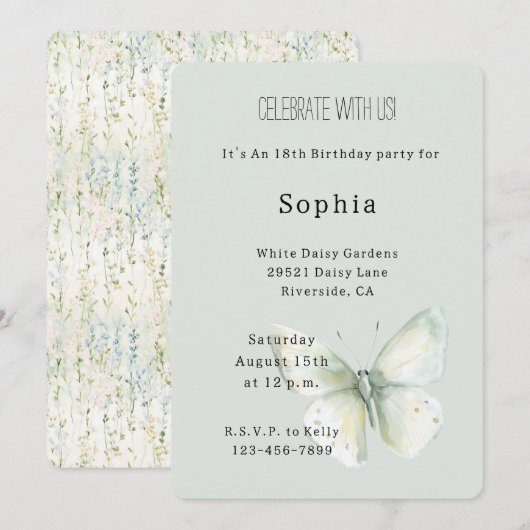 Mint Butterfly Birthday 招待状 (正面/裏面)