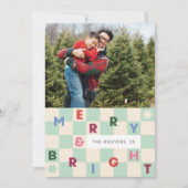 Mint Checkerboard Merry & Bright Christmas Card 招待状 (正面)