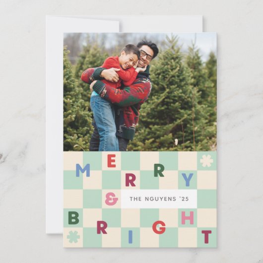 Mint Checkerboard Merry & Bright Christmas Card 招待状 (正面)