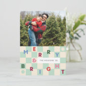 Mint Checkerboard Merry & Bright Christmas Card 招待状 (スタンド正面)