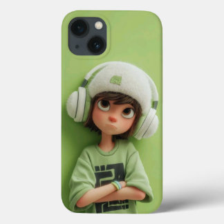 Mint Chill: ヘッドホンを付けたおしゃれな少年 iPhone 13ケース