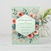 Mint Coral Aquarelle Bloom Wedding 招待状 (スタンド正面)