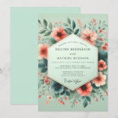Mint Coral Aquarelle Bloom Wedding 招待状 (正面/裏面)