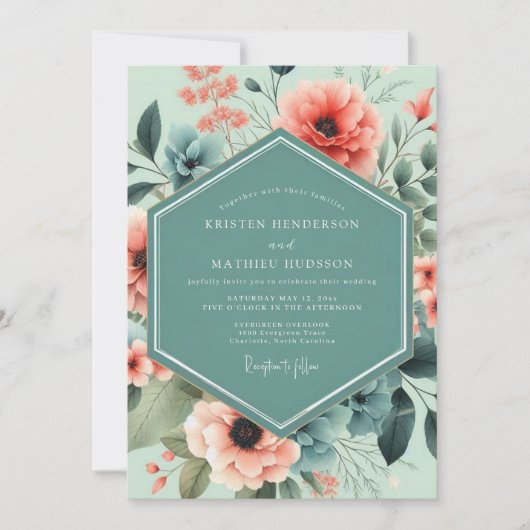 Mint Coral Artistic Bloom Wedding 招待状 (正面)