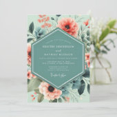 Mint Coral Artistic Bloom Wedding 招待状 (スタンド正面)