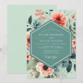 Mint Coral Artistic Bloom Wedding 招待状 (正面/裏面)