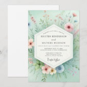 Mint Floral Meadow Romance Wedding 招待状 (正面/裏面)