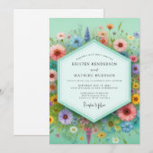 Mint Floral Meadow Whimsy Wedding 招待状 (正面/裏面)