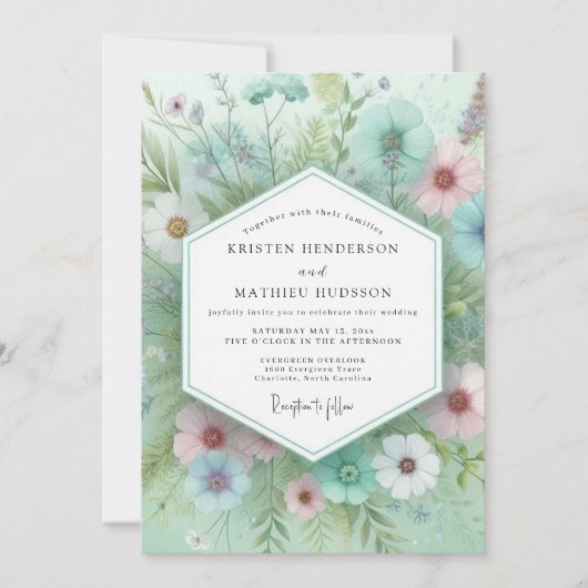 Mint Floral Whimsical Wedding 招待状 (正面)