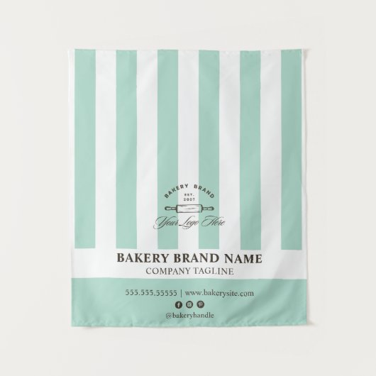 Mint French Stripes Bakery Logo Table Runner  タペストリー (正面)