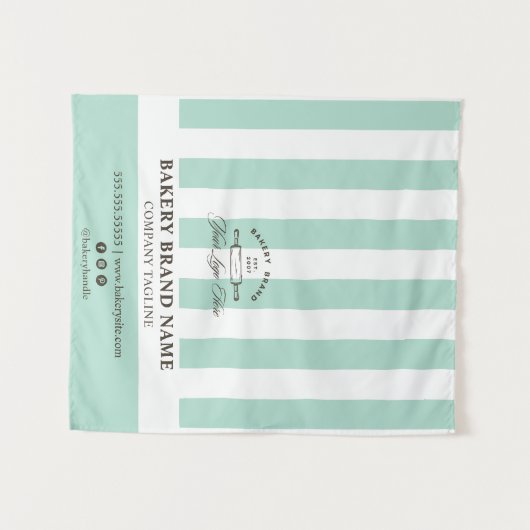 Mint French Stripes Bakery Logo Table Runner タペストリー (正面(横))