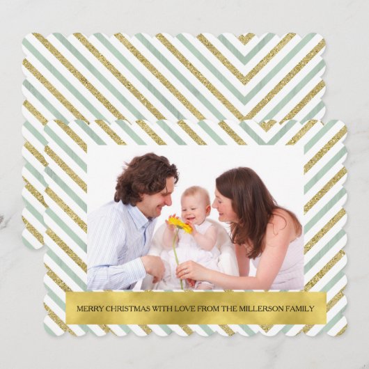 Mint Gold Chic Chevron Personalized Photo シーズンカード (正面/裏面)