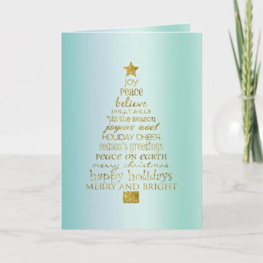 Mint Gold Inspirational Christmas Tree Peace Joy  カード (正面)