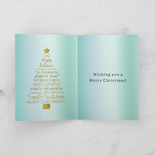 Mint Gold Inspirational Christmas Tree Peace Joy  カード (内部)