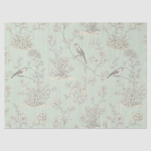 Mint Greenフレンチカントリーの鳥と花のトワル3 薄葉紙 (正面)