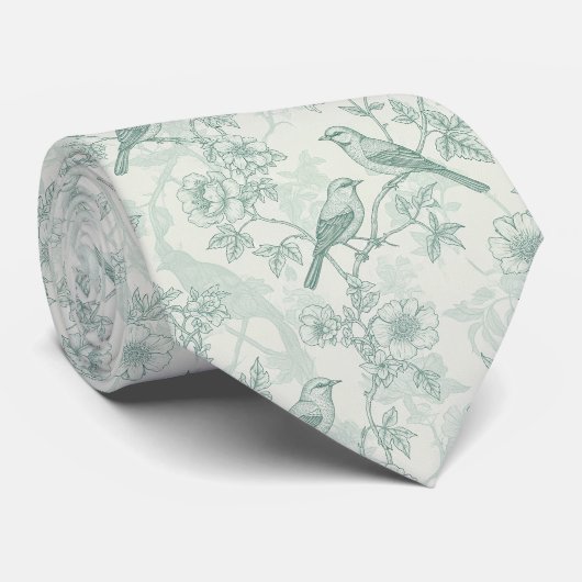 Mint Greenフレンチカントリーの鳥と花柄トワール2 ネクタイ (ロール)