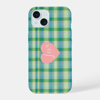 Mint Green and Blue Plaid Phone Case iPhone 15ケース