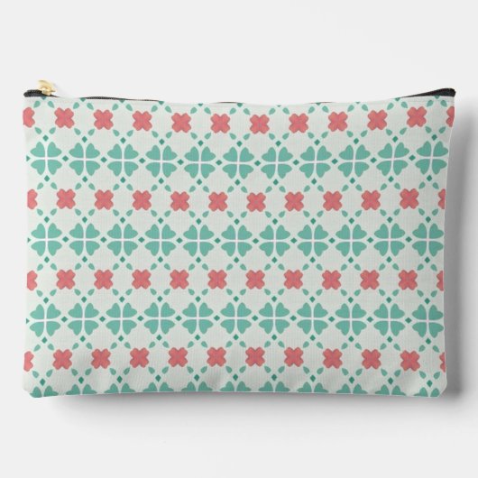 Mint green and pink floral clover tile pattern アクセサリーポーチ (正面)