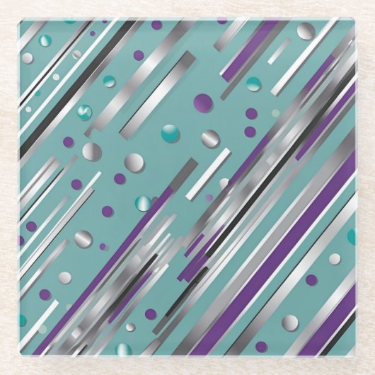 Mint green and Purple polka dot stripe ガラスコースター (正面)