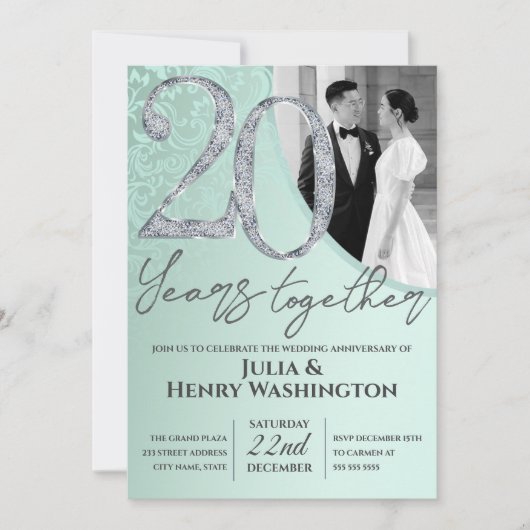 Mint Green and Silver Wedding Anniversary  招待状 (正面)