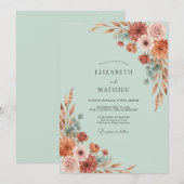Mint Green Autumnal Floral Wedding 招待状 (正面/裏面)