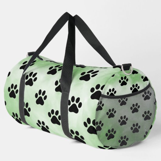 Mint Green Black Paw Print monogram personalize  ダッフルバッグ (右コーナー)