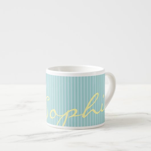 Mint Green & Blue Name Mug – Solid Thin Stripes エスプレッソカップ (正面右)