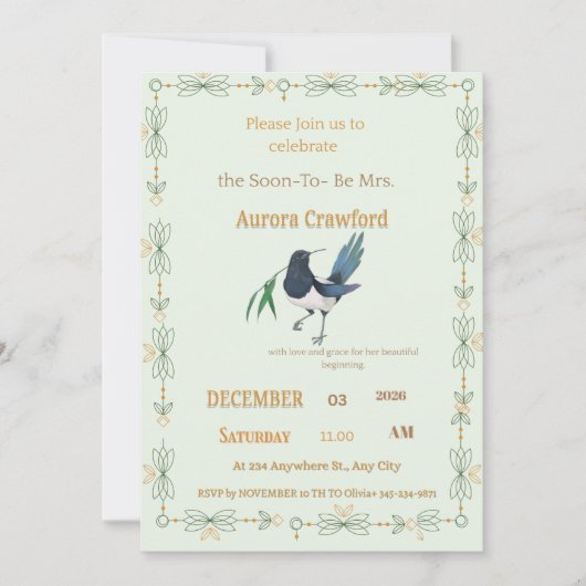 Mint Green Botanical Dove Square Bridal Shower Inv 招待状 (正面)
