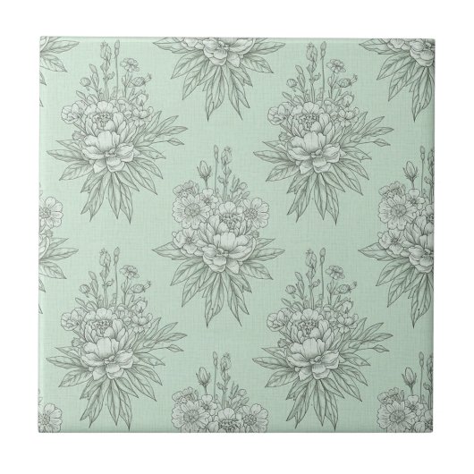Mint Green Botanical Toile with Floral Bouquets タイル (正面)