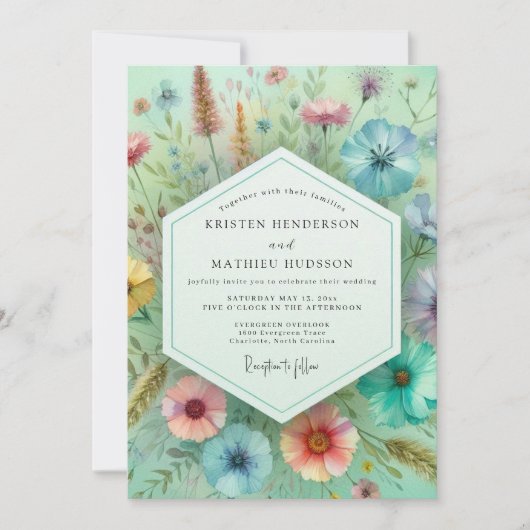 Mint Green Botanical Whimsy Wedding 招待状 (正面)
