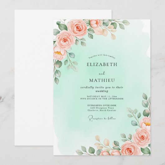 Mint Green Breathtaking Spring Wedding 招待状 (正面/裏面)